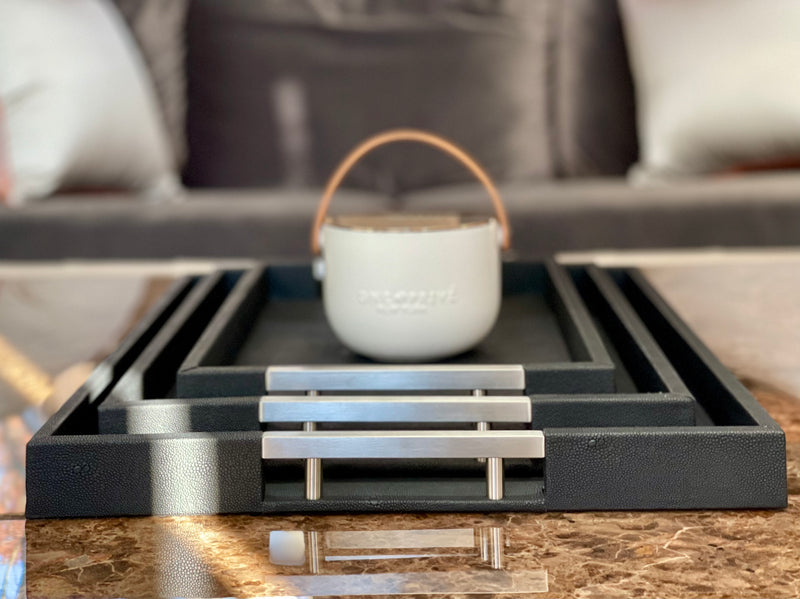 ONYX Shagreen Hotel Tray | Inlaid Nickel Handles   This exclusive ONE PRIVÉ design, has been embossed with an ONYX Shagreen Pattern creating a softly textured finish. The inlaid square hardware are of Brushed Nickel and together create eye catching artful aesthetic.