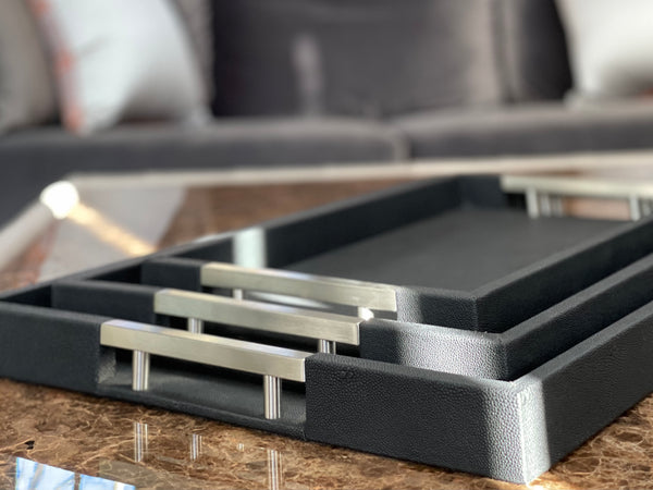 ONYX Shagreen Hotel Tray | Inlaid Nickel Handles   This exclusive ONE PRIVÉ design, has been embossed with an ONYX Shagreen Pattern creating a softly textured finish. The inlaid square hardware are of Brushed Nickel and together create eye catching artful aesthetic.